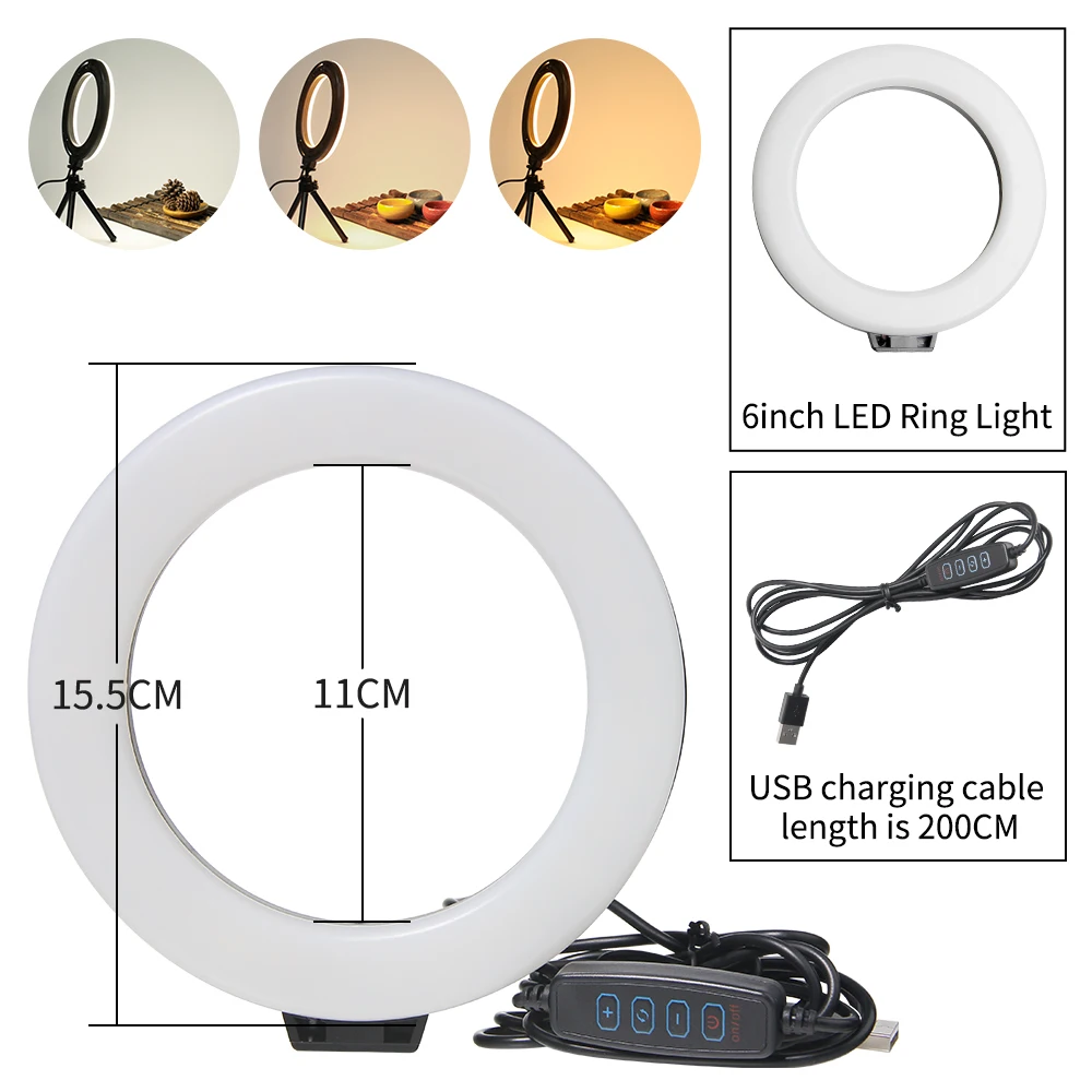 16cm 6 inch Ring Light With Tripod Stand Usb Charge Selfie Led Lamp Dimmable Photography Light For Photo Photography Studio