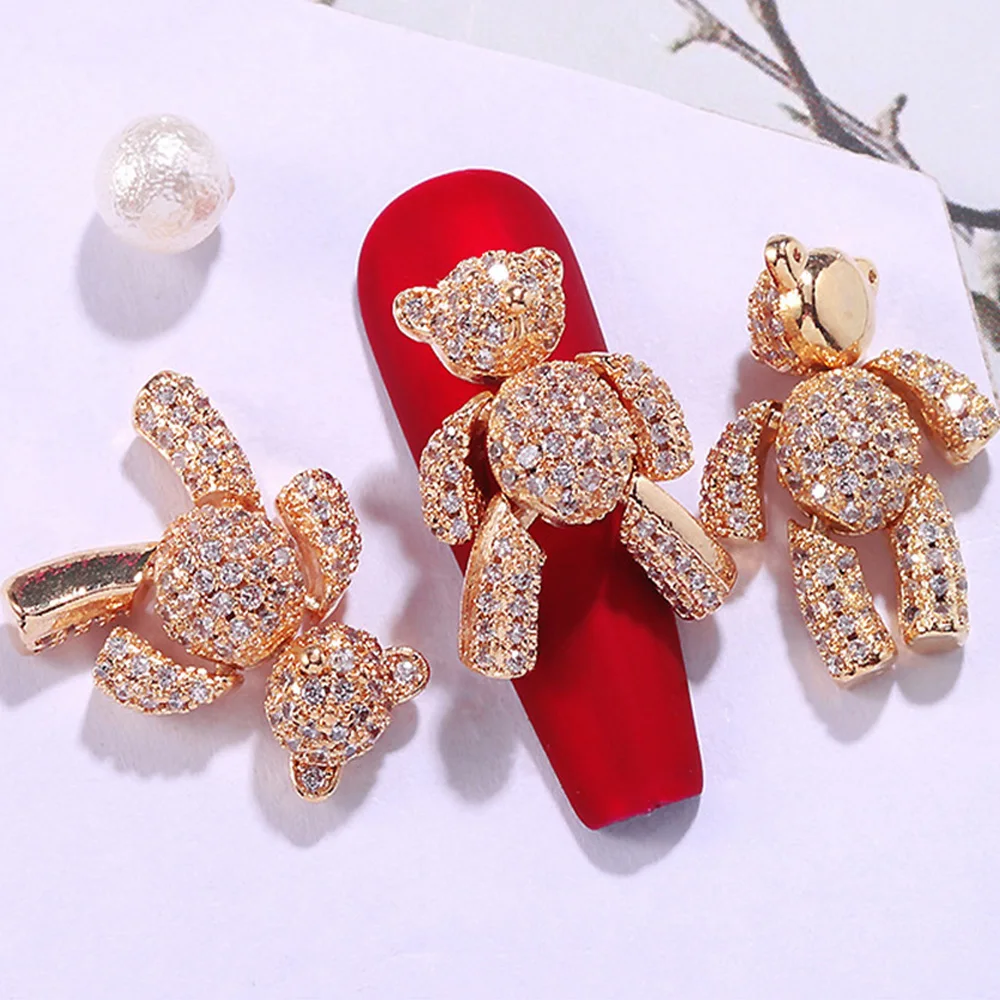 1Pc 3D Luxury Gold Bear Alloy Zircon Nail Art Crystals Nail Jewelry Rhinestone Nails Accessories Decorations Charms