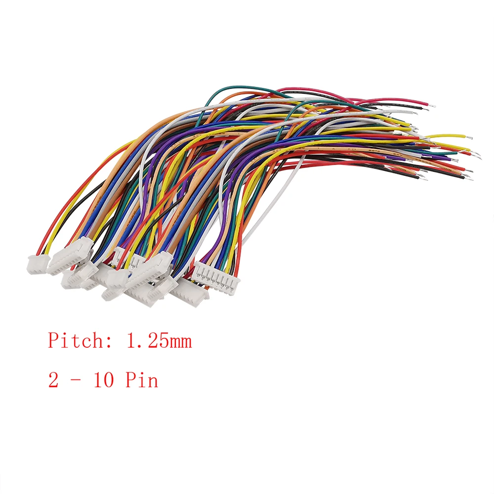 20Pcs JST 1.25mm 2/3/4/5/6/7/8/10 Pin Female Plug Wire Cable Connector Single Head JST Pitch 1.25 mm 10/15/20/30CM