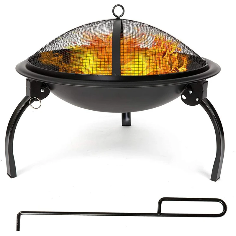 Fire Pit, 21'' Outdoor Patio Steel Fire Pit Wood Burning BBQ Grill Firepit Bowl with Round Mesh Spark Screen Cover Fire Poker