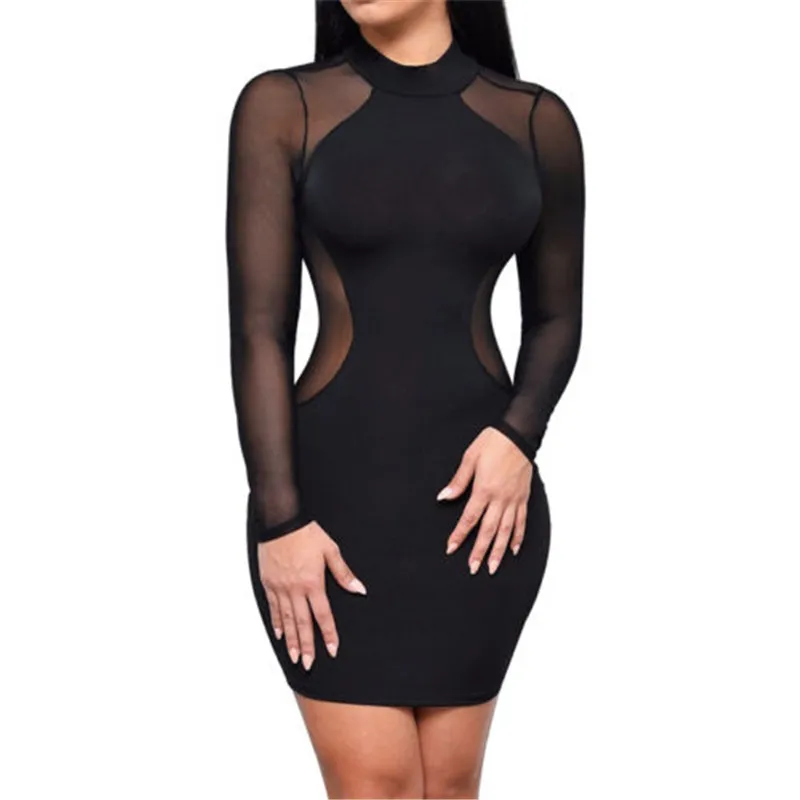 Sexy kobiety sukienka przepuszczalność Mesh bandaż Bodycon z długim rękawem kobiety odzież wieczorowa, Sexy odzież klubowa Sexy Mini sukienka w