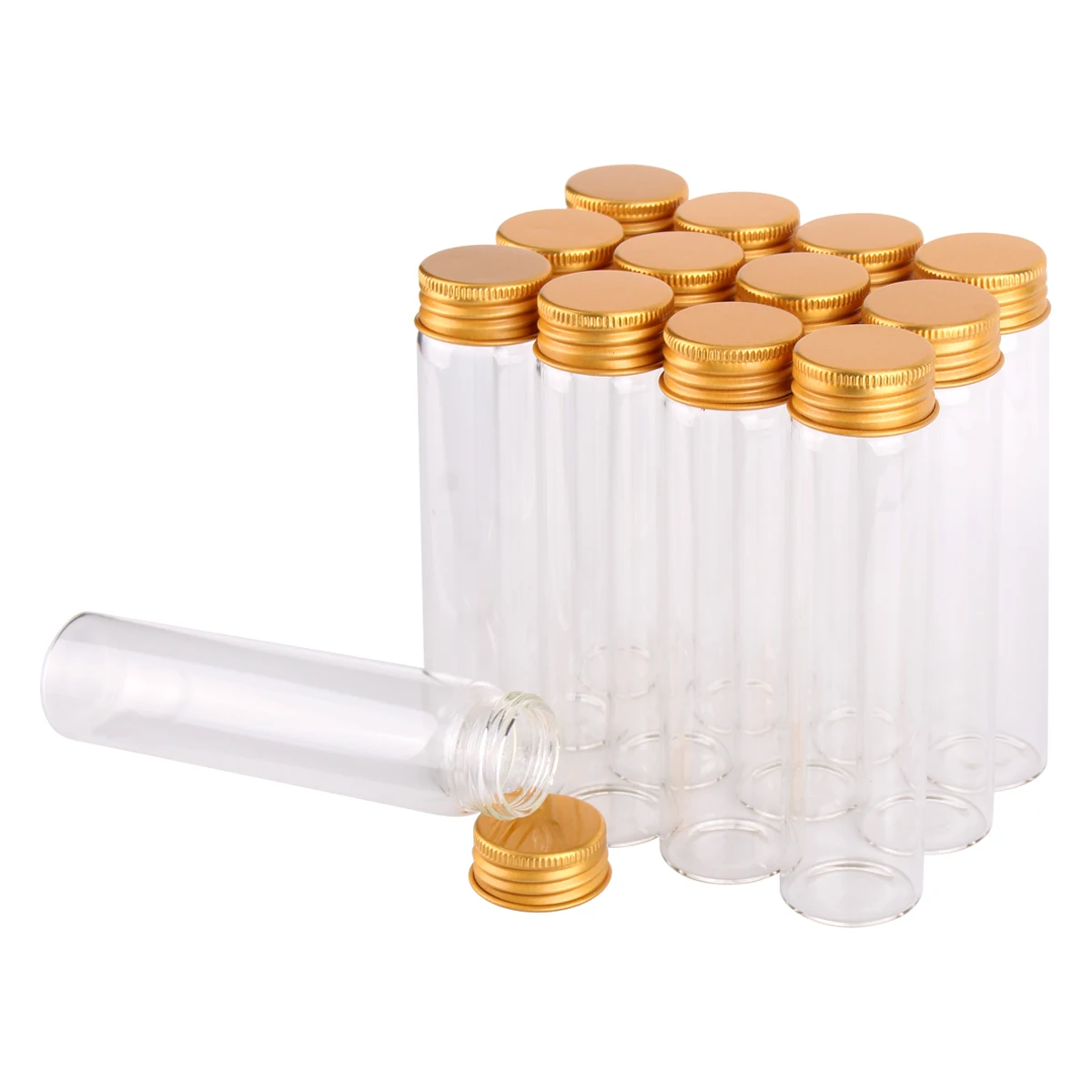 

12 pieces 60ml Transparent Glass Bottles with Golden Aluminum Caps Glass Vials Jars Size 30x120mm for Gift DIY Crafts