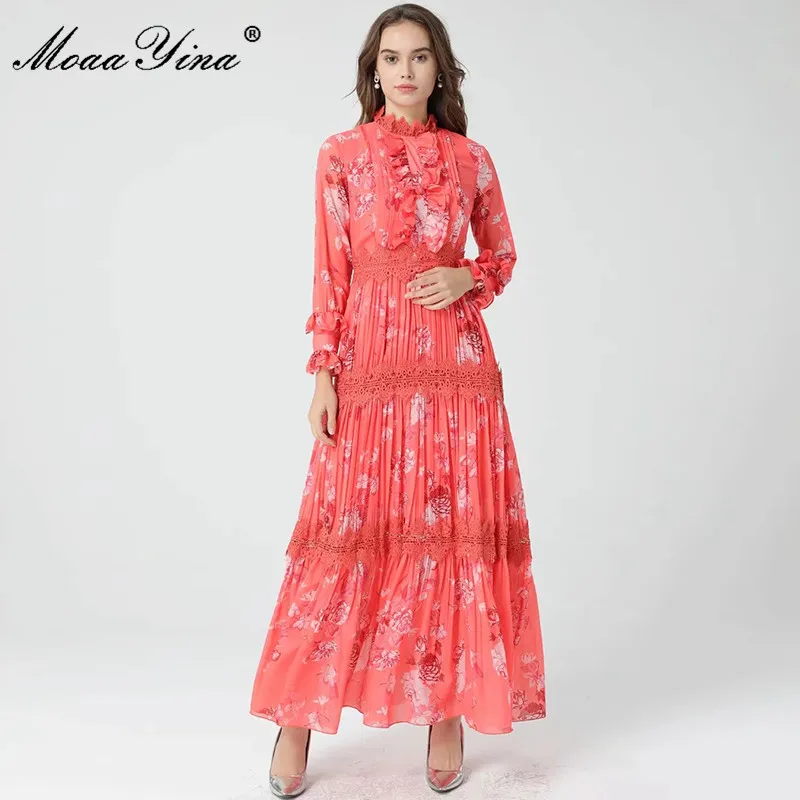 MoaaYina 2021 Spring Runway Elegant Party Dress Women Lace Patchwork Full Sleeve Vintage Floral Print Long Holiday Dress