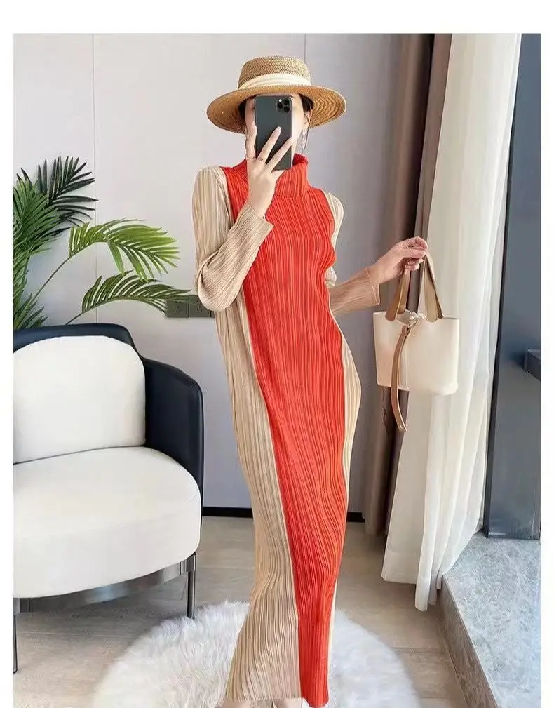 Miyake FOld 2021 New Autumn And Winter High-end Temperament Over-The-Knee Dress Slim Lapel Long Sleeve Dress Long.