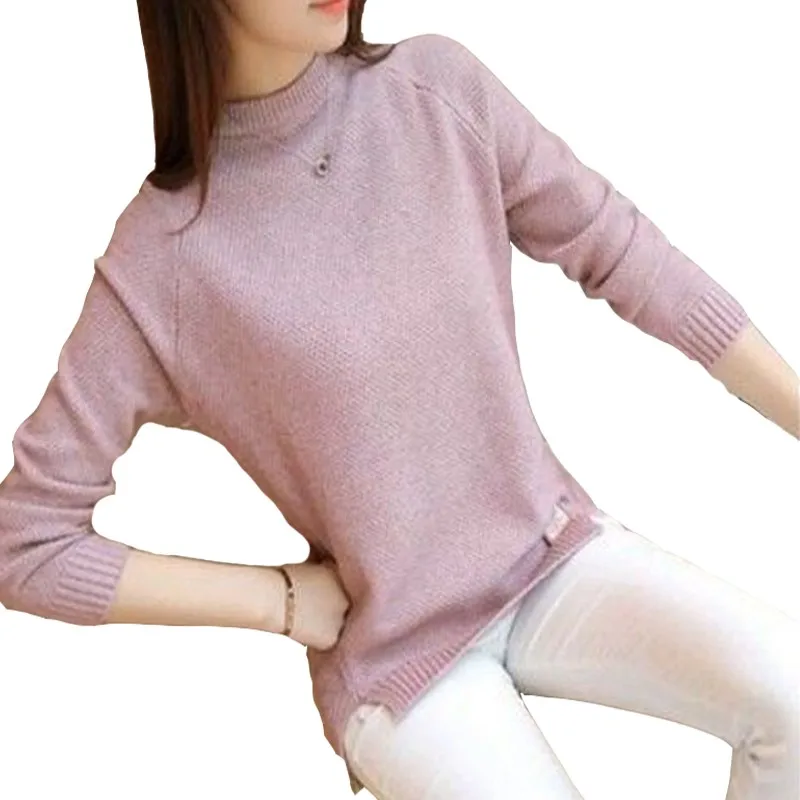 

2020 Autumn New Sweater Women Version Loose And Versatile Bottoming Round Neck Front Split Solid Color Ladies Pullover Sweater