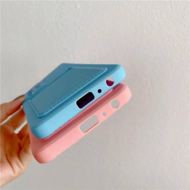 Cute Solid Colors Card Pocket Slot Bag Phone Cases For Samsung Galaxy S20 S21 S22 S20FE Plus Note 10 20 Ultra Silicone TPU Cover