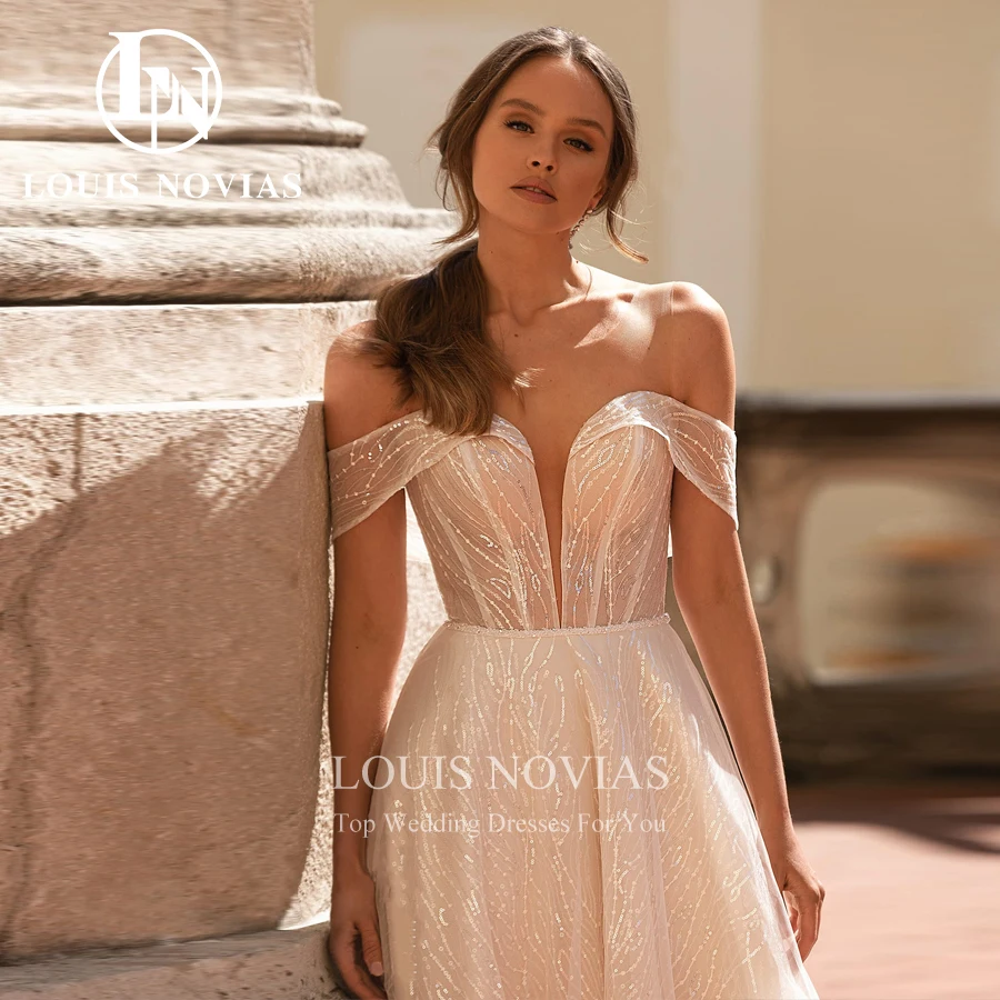 LOUIS NOVIAS A-Line 웨딩 드레스 2022 우아한 비드 스팽글 신부 가운 오프 숄더 v-넥 백리스 플로우 베스티토 Da Sposa