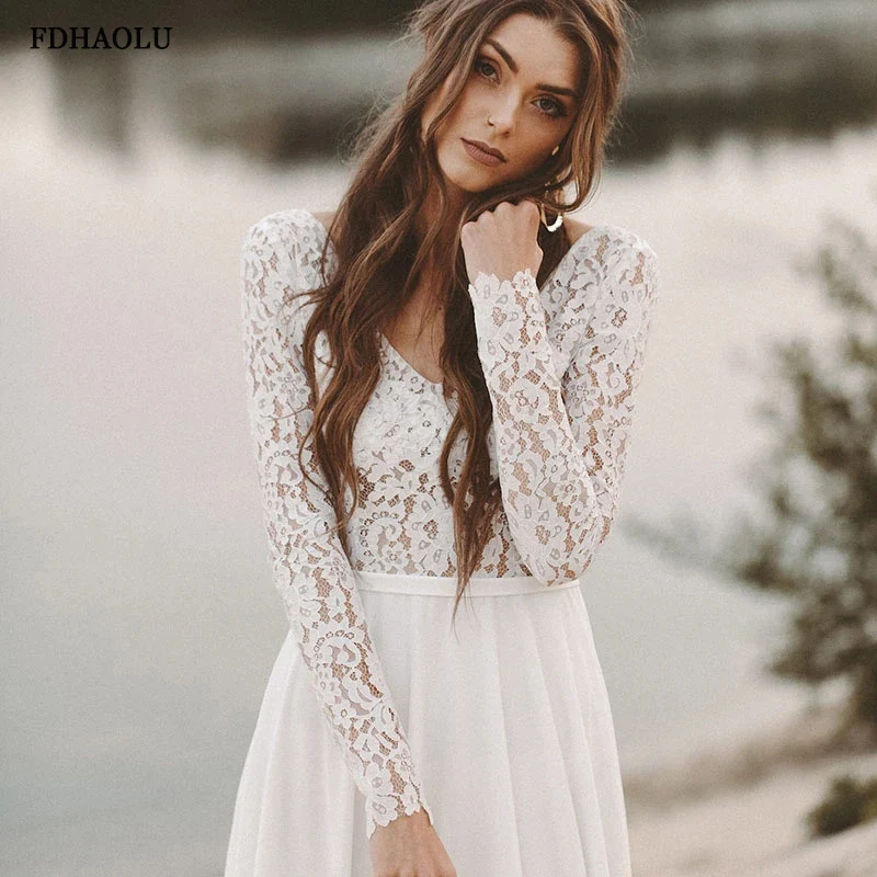 FDHAOLU – robe de mariée en mousseline de soie, col en v, manches longues, dos ouvert, style Boho, robe de soirée, traîne, FU73