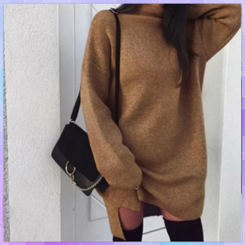 

Autumn Winter Women Knitted Sweaters Warm Long Sleeve Dress Turtleneck Sweaters Casual Loose Sweater Split Dresses Female Clothe