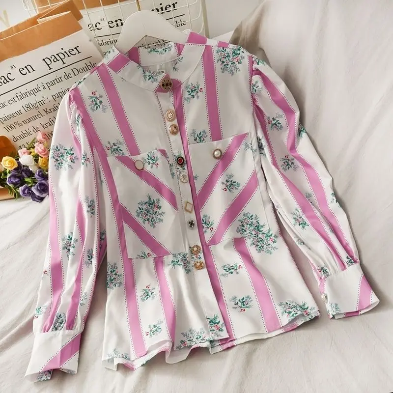 British Style Women Stripped Print Shirts Stand Colar Bottons Blouses Long Lantern Sleeve Floral Woman Shirts Blouses NS617