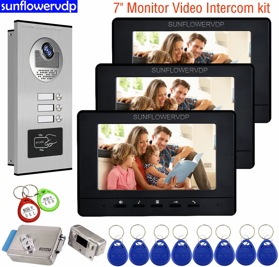 

Interphone With Camera Home 7" Intercom Black/White Video Intercom System Rfid Video Doorbell For Apartments House Intercom+Lock