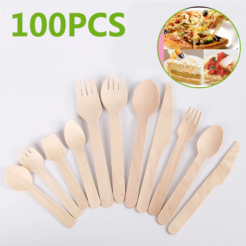 100Pcs Disposable Prong Spoon Knife Straw with Brush Wooden Fork Compostable Forks Bamboo Plates Party Picnic Kitchen Christmas