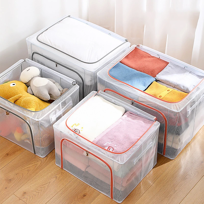 

Large Foldable Household Cotton Linen New Steel Frame Clothes Storage Box Waterproof Clothing Finishing Wardrobe Storage Box