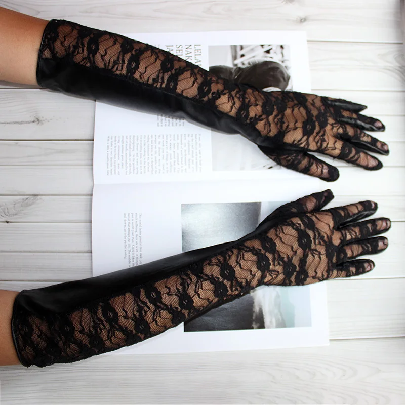 Leather Sheepskin Long Gloves Women\'s Thin Single Layer Unlined Fashion Lace Black Elastic Sun Protection Sleeves