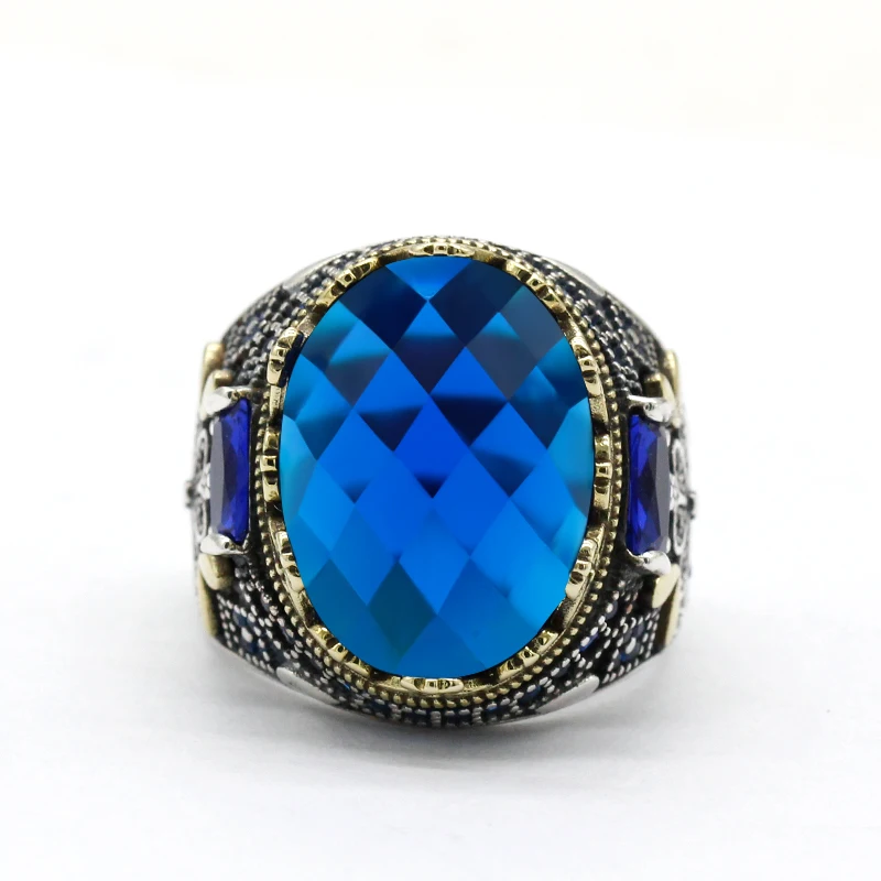 S925 فضة خاتم للرجال ، ريال فضة مجوهرات ، الشرير نمط ، الاصطناعي الأزرق الزركون ، التركية العتيقة ، الذكرى هدية
