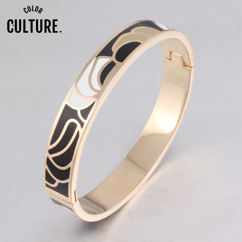 Color Culture 10mm Feather Design Pattern Opening Bracelet  for Women Stainless Steel Enamel  Bangles Ethnic Jewelry