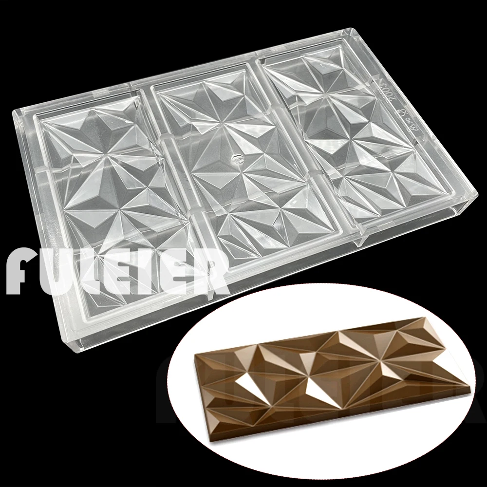 3 Cavity Diamond Shape Polycarbonate Chocolate Bar Mold ,154x77x11mm 90g  Block Candy Baking Mould Confectionery Tools