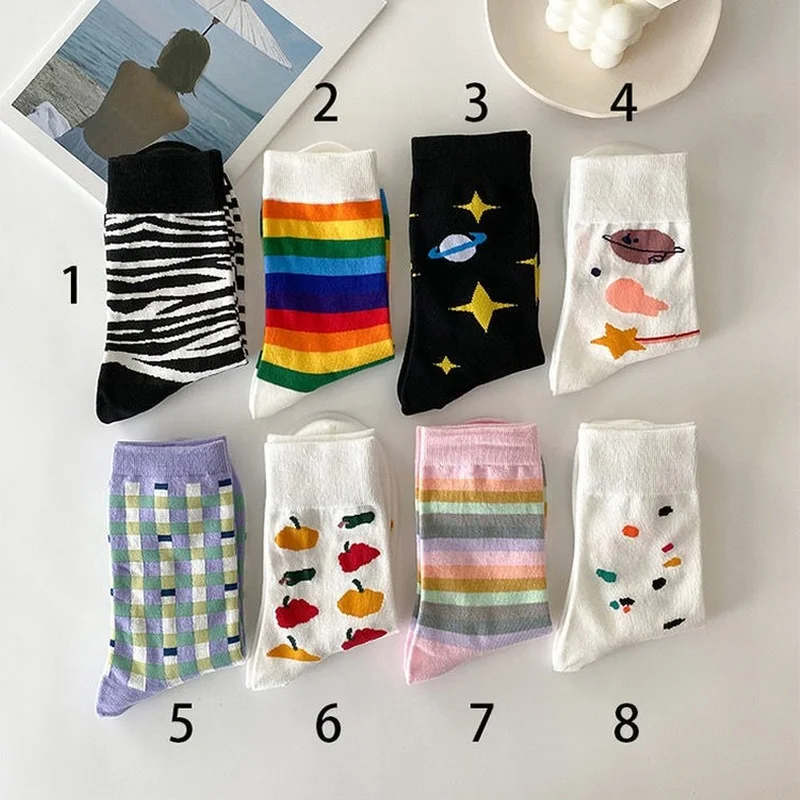 Socks Women Breathable Cute Cotton Ins Lady Soft High Elasticity Kawaii Casual Striped Fashion Daily Spring Middle Tube Harajuku