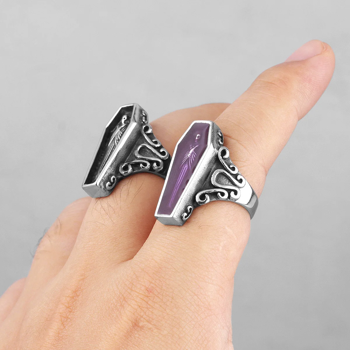 Vampire Coffin Ghost Stainless Steel Mens Rings Gothic Punk Unique Cool for Male Boyfriend Jewelry Creativity Gift Wholesale