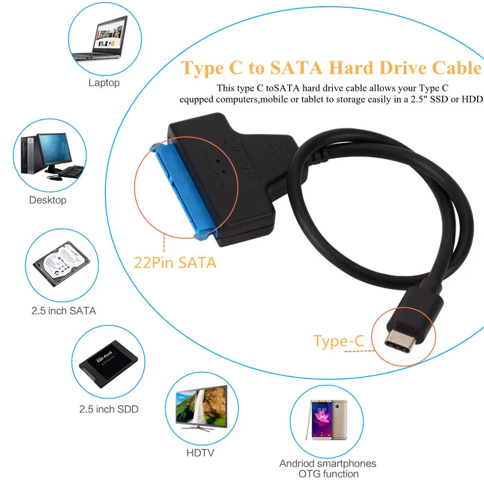 LccKaa Sata 3 To Type-C Cable USB 3.1 USB C to SATA Adapter Up To 6 Gbps Support 2.5 Inches SSD HDD Hard Drive 22 Pin SATA Cable