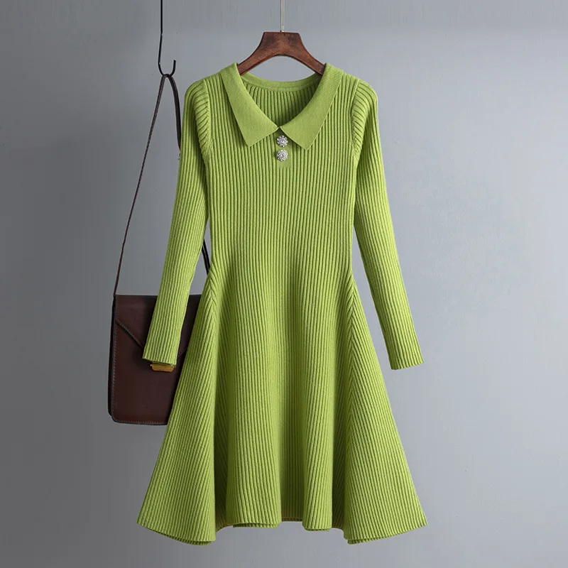 Diamond Autumn Winter thick Sweater Dress Women A Line peter pan collar mini Dress female girl Knit short bodycon Knit dress