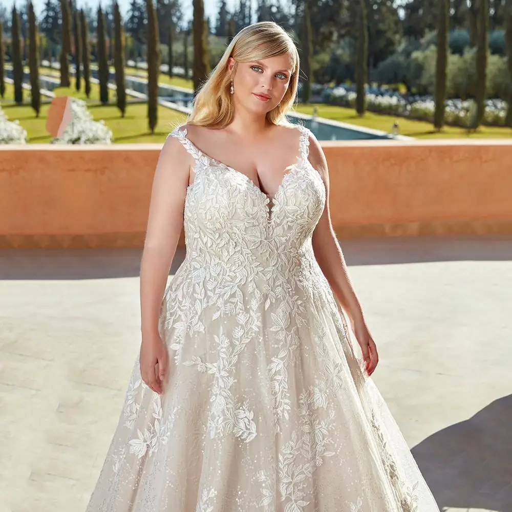 Thinyfull elegante Plus Size A Line abiti da sposa scollo A V spalline abito da sposa Tulle Appliques di pizzo abiti da sposa