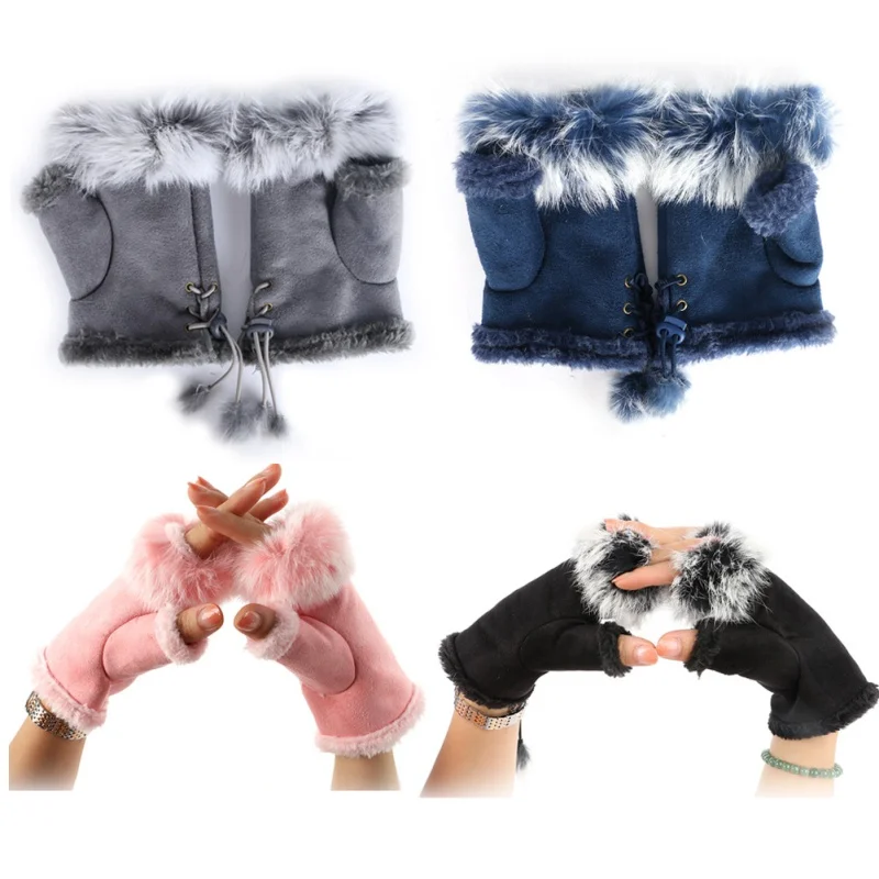 1 Pair Warm Gloves Winter Glove Sexy Faux Rabbit Fur Hand Wrist Warmer Fingerless Gloves For Woman