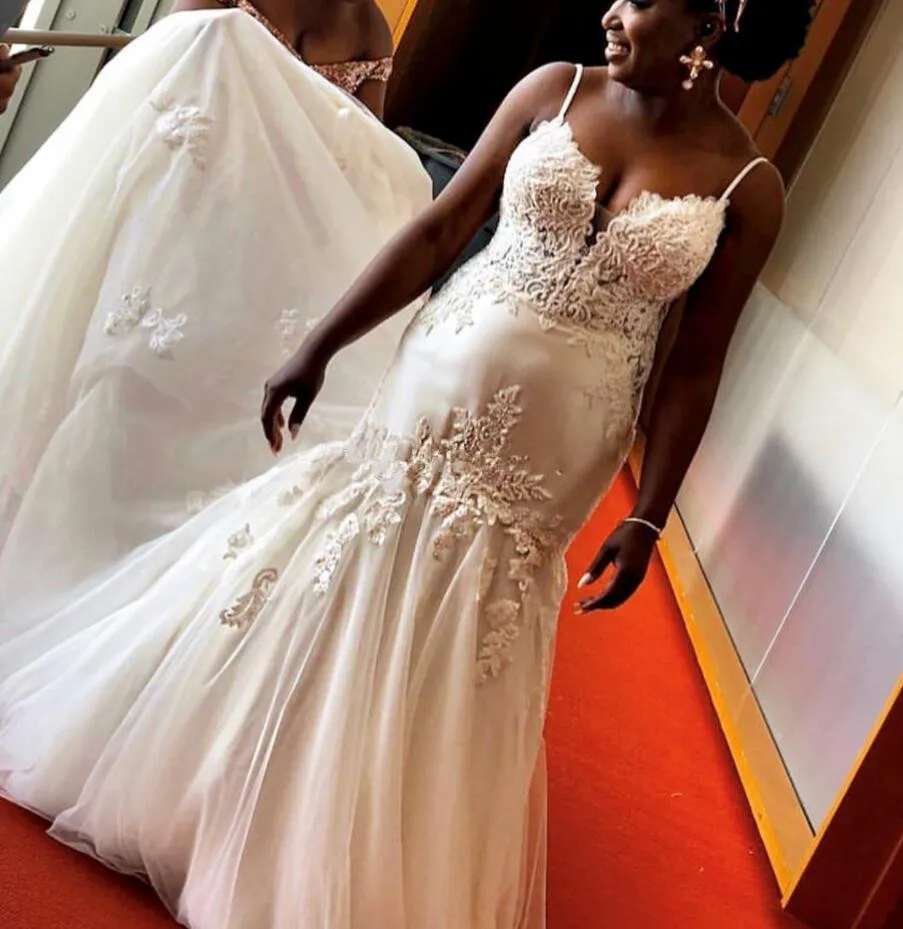 Modest African Mermaid Wedding Dresses Lace Applique Trumpet Bridal Gowns Beach Plus Wedding Dress Court Train robes de soiree