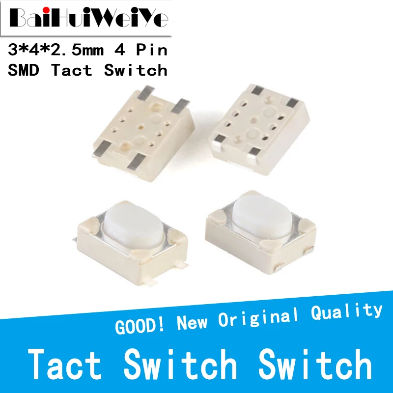 50PCS/LOT 3*4*2.5mm SMD Tact Switch 4 Pin Touch Micro Switch Push Button Switches 3x4x2.5H White Button Car Remote Key Button