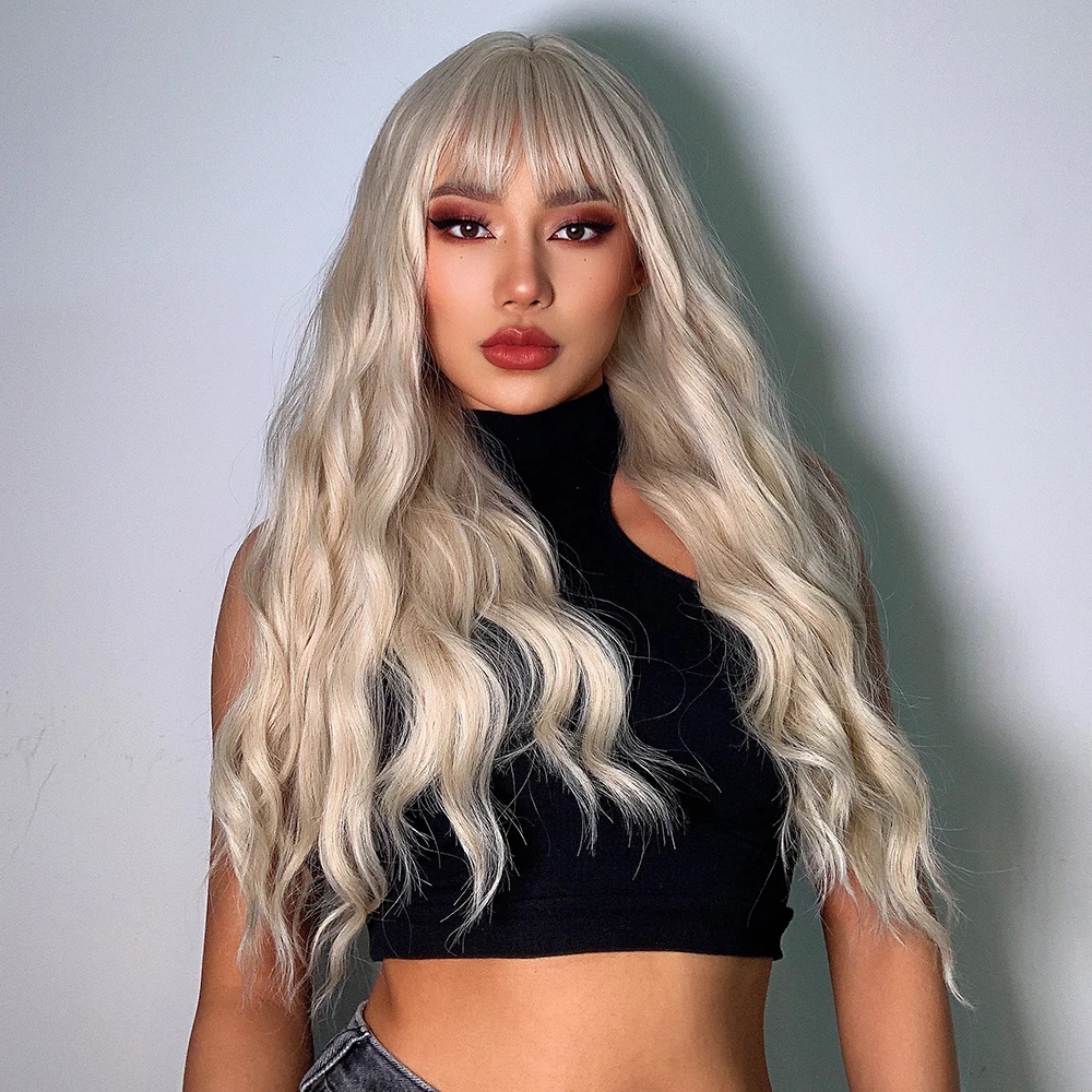 Esin Synthetic Light Blonde Ombre To Platinum Long Body Wave Hair Wigs With Bangs For Women Cosplay Natural Heat Resistant