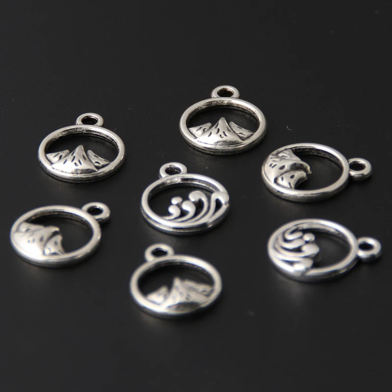 100pcs Silver Color 14x11mm Mountain Sea Wave Charms Round Pendant For DIY Handmade Metal Alloy Jewelry Making Accessorie