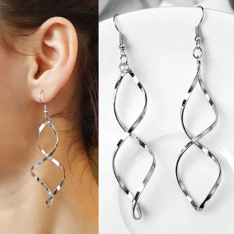 New Simple Spiral Curved Long Drop Earrings for Women Wave Design Fashion Female Stud Jewelry Party Wedding Cute Earring