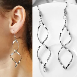 New Simple Spiral Curved Long Drop Earrings for Women Wave Design Fashion Female Stud Jewelry Party Wedding Cute Earring