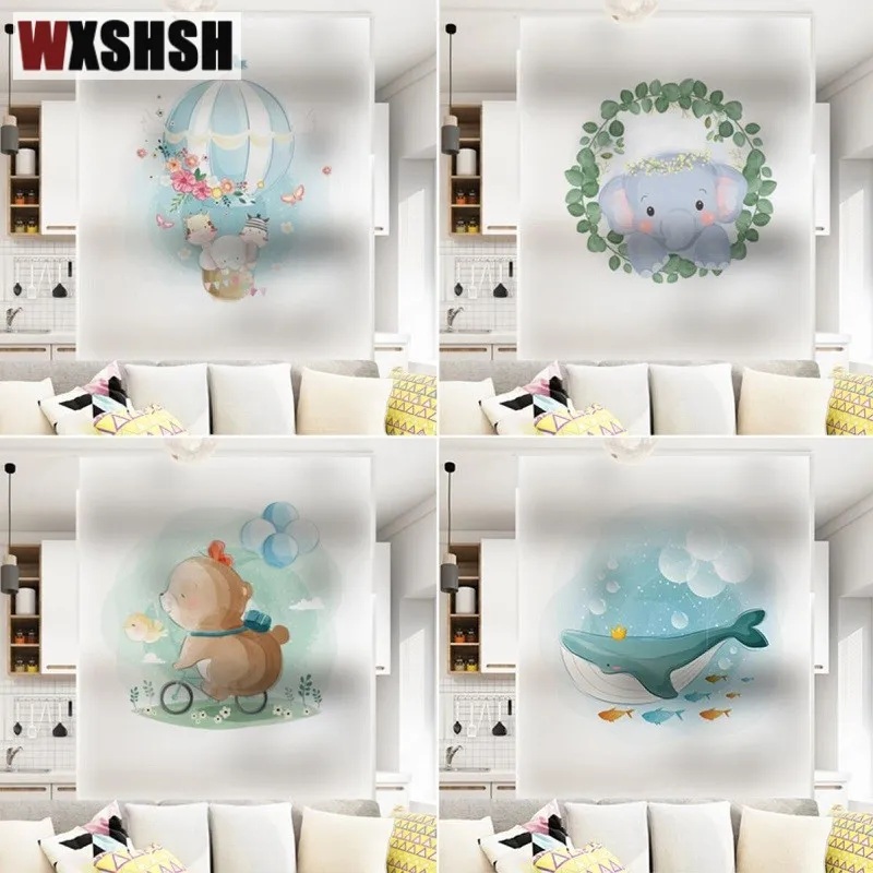 Stained Glass Window Decals PVC Cute Animals Design Kids' Room Decoration Privacy Frosted Static Cling Window Sticker 40cmx100cm