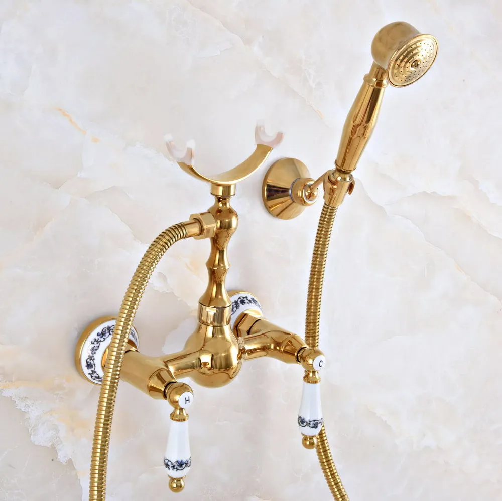 

Luxury Polished Gold Color Brass Wall Mounted Bathtub Faucet with Handheld Shower Set +1500MM Hose Mixer Tap 2na929