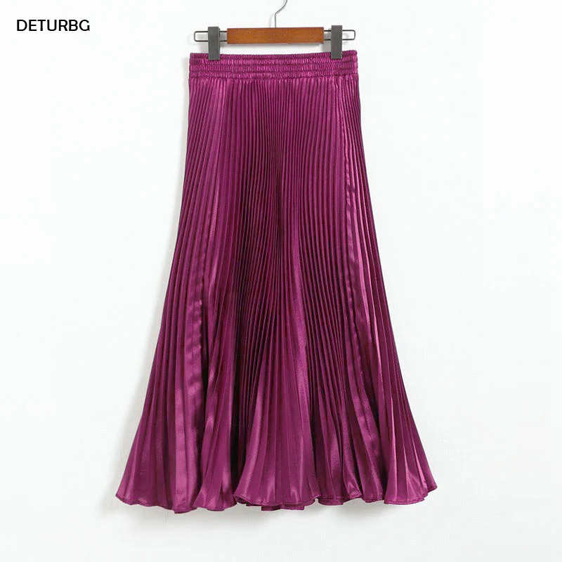 Women's Pleated Mermaid Skirt Female 2024 Spring Japan Style Casual High Waist Satin Midi Long Skirts Shiny Saias 17 Color SK501