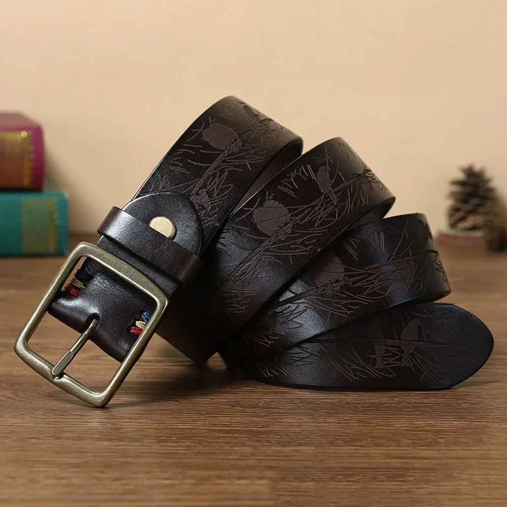 HIDUP Unique Design Retro Floral Pattern Styles Cow Leather Belt Gold Brass Buckle 100% Cowhide Belts Jeans Accessories NWJ1099