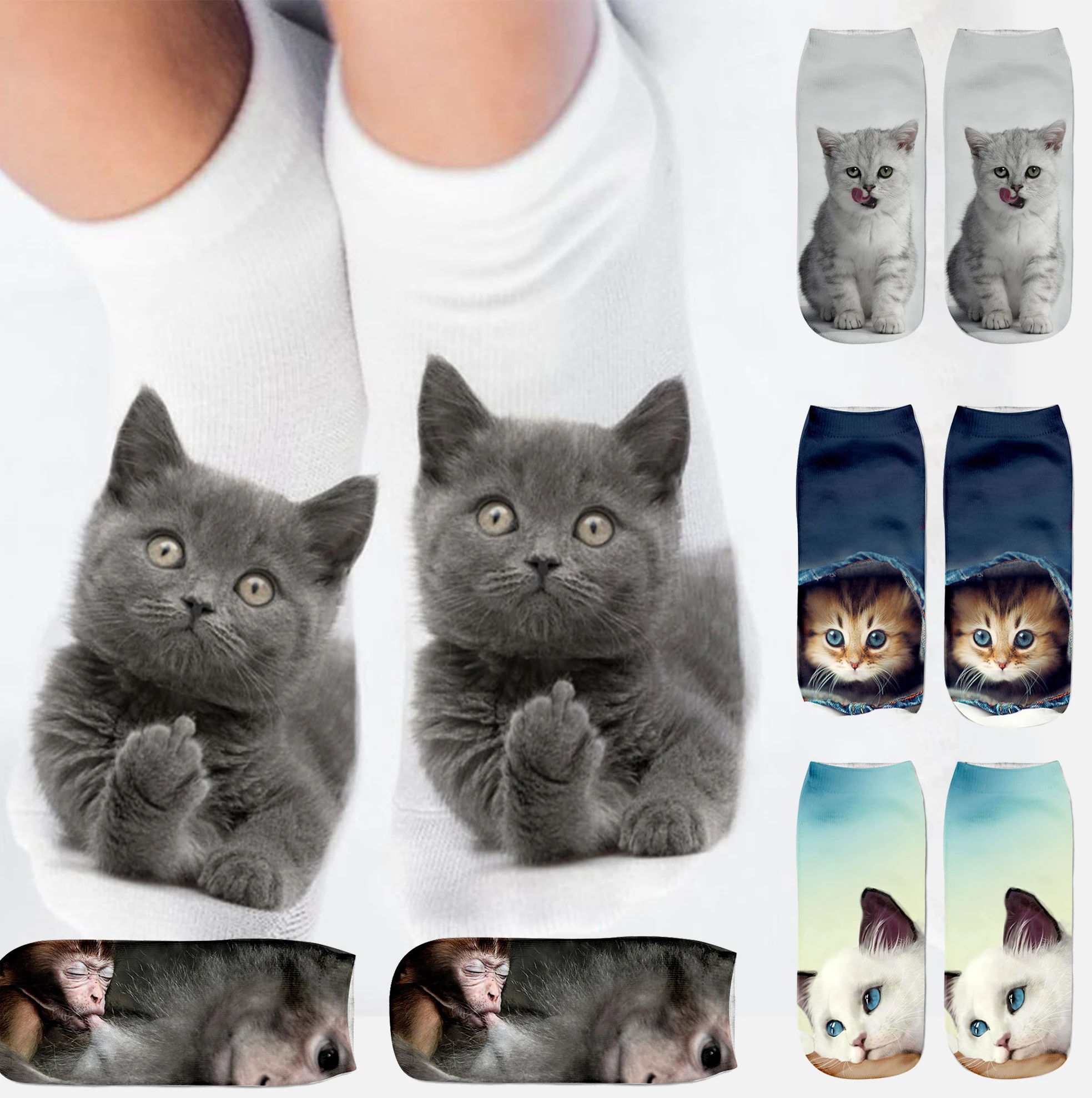 Cartoon Cat Sock 3D Cat Printed Cotton Anklet Socks Low Cut Sports Sock Cute Designer Women Girl Casual Socks