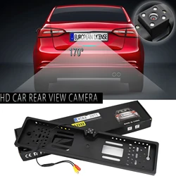 HD Car Rear View Camera EU European License Number Plate Frame Waterproof Night Vision Reversing Back up Camera 4 LED Light