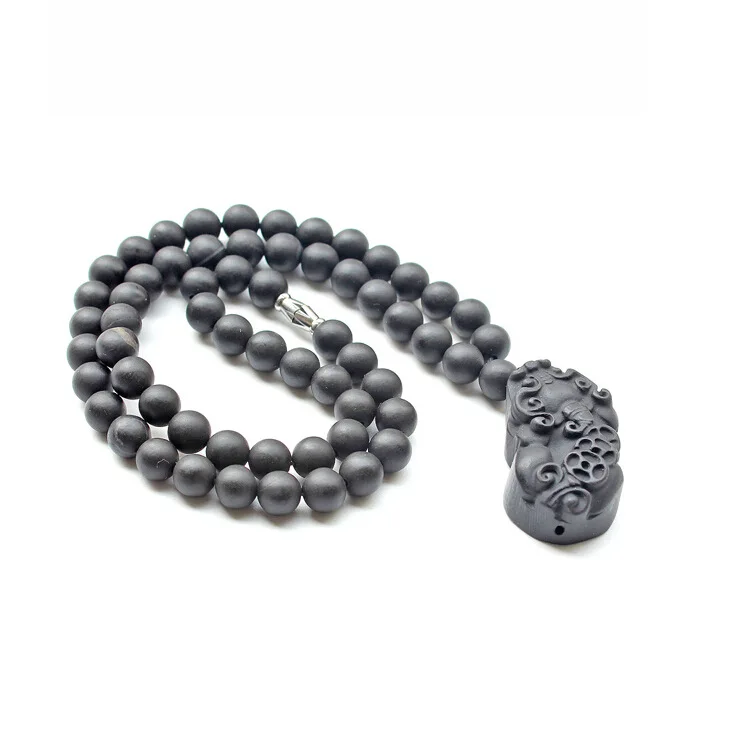 Natural Black Bian Stone Carved Lucky pixiu Pendant Beads Necklace Massager Beauty Healthy Care