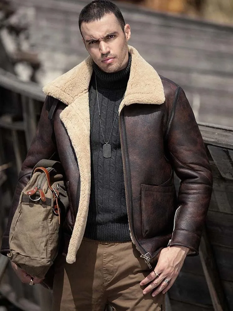 

Denny&Dora Men's Shearling Jacket Short Brown, Winter Warm Leather Coat Sheepskin Windproof​​