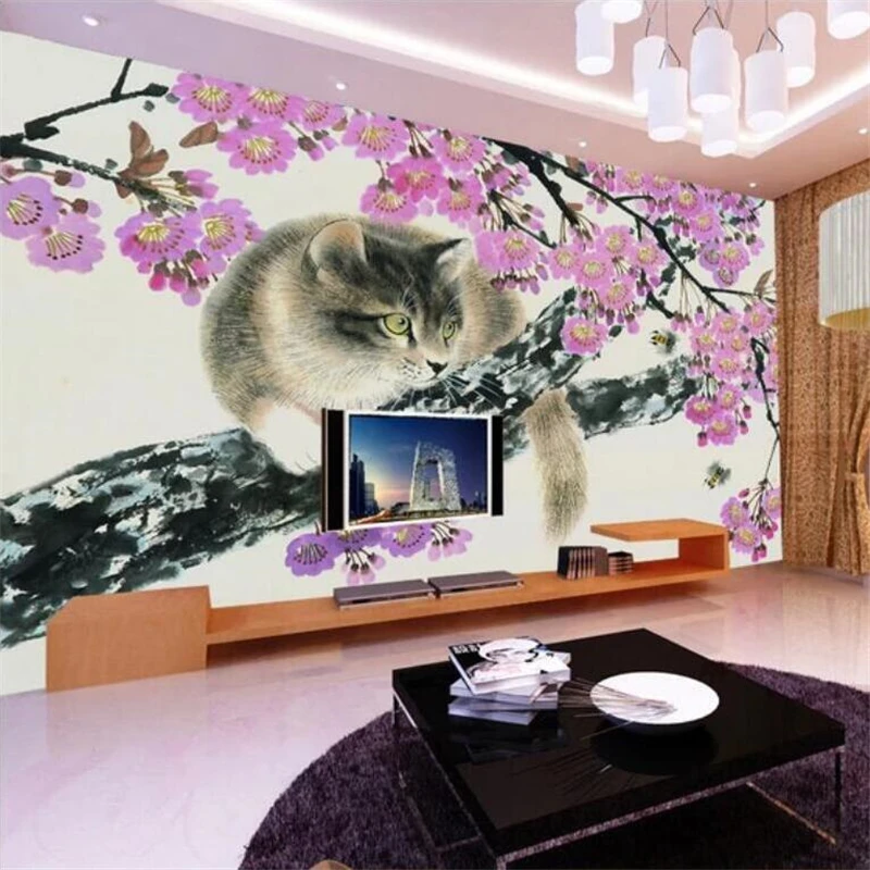 

3DBEIBEHANG Wallpaper custom wallpaper living room bedroom pen Chinese painting cat fun magnolia Chinese TV background wall