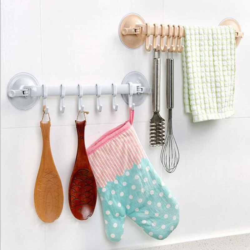 Adjustable Towel Rack Bathroom Shelf Hooks Hanger Kitchen Storage Racks Wall Hooks Organizer Suction Cup Clothes Holder Bath Acc