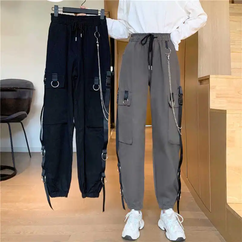 

Black Cargo Pants for Women Elastic Waist Loose Slimming Female Korean Harajuku Thinner trousers Wide Leg Women Bottoms Pants