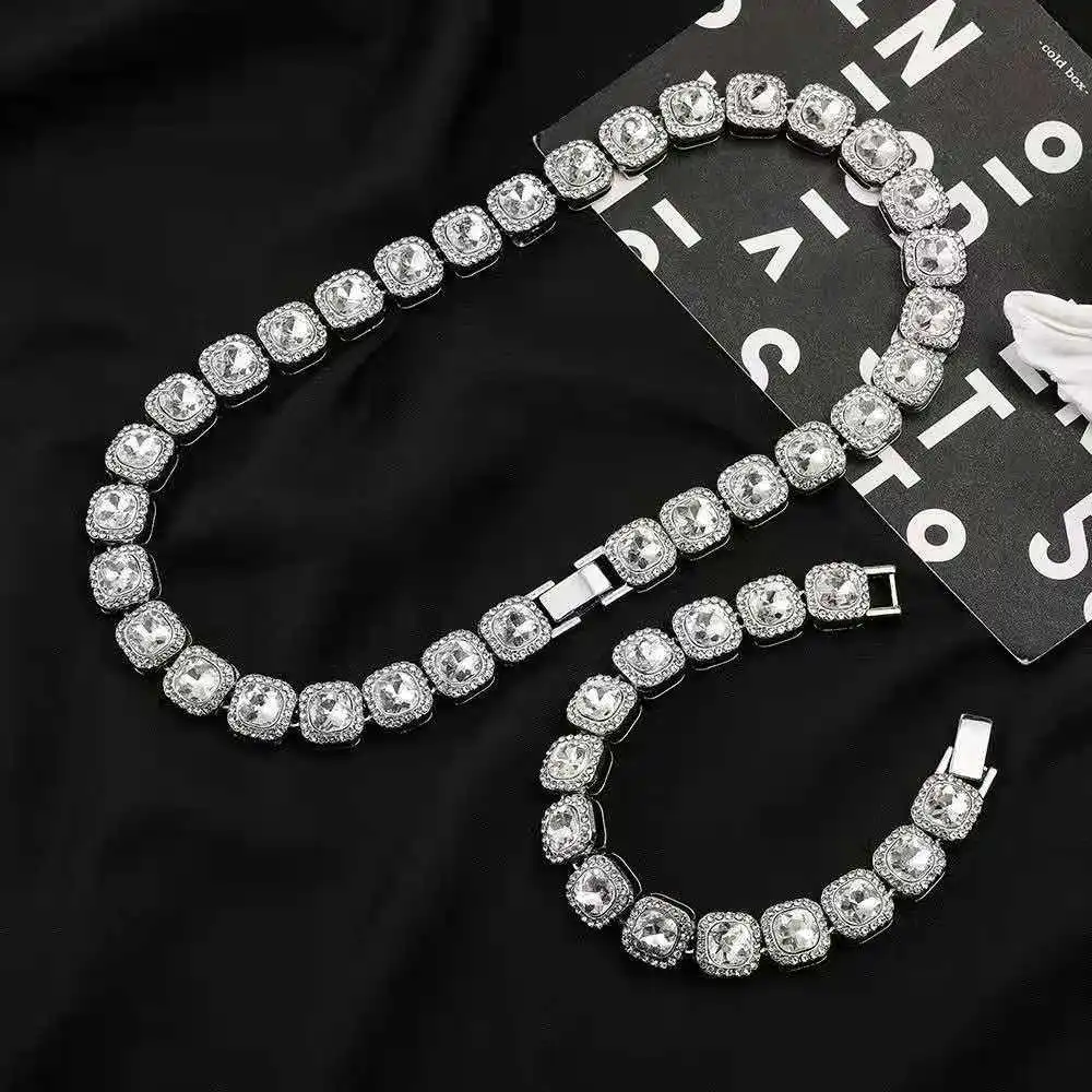 Luxury Wristwatch Necklace Bracelet Iced Out Watch for Men 10mm Tennis Chain Hip Hop Rock Miami Bling Jewelry Set Couple Choker