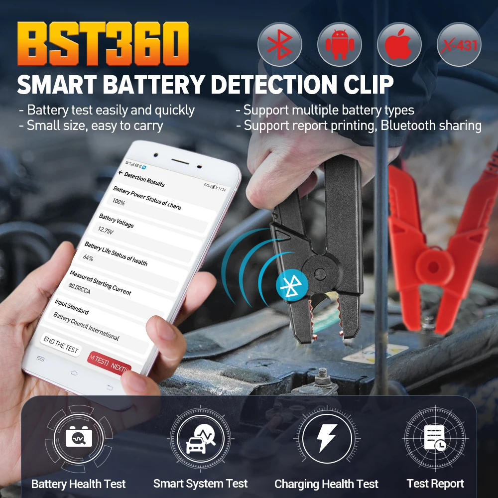 LAUNCH BST-360 Bluetooth Battery Test Clip Analyzer 6V 12V 2000CCA BST360 Voltage tester for x431 device Adnroid / IOS Phone