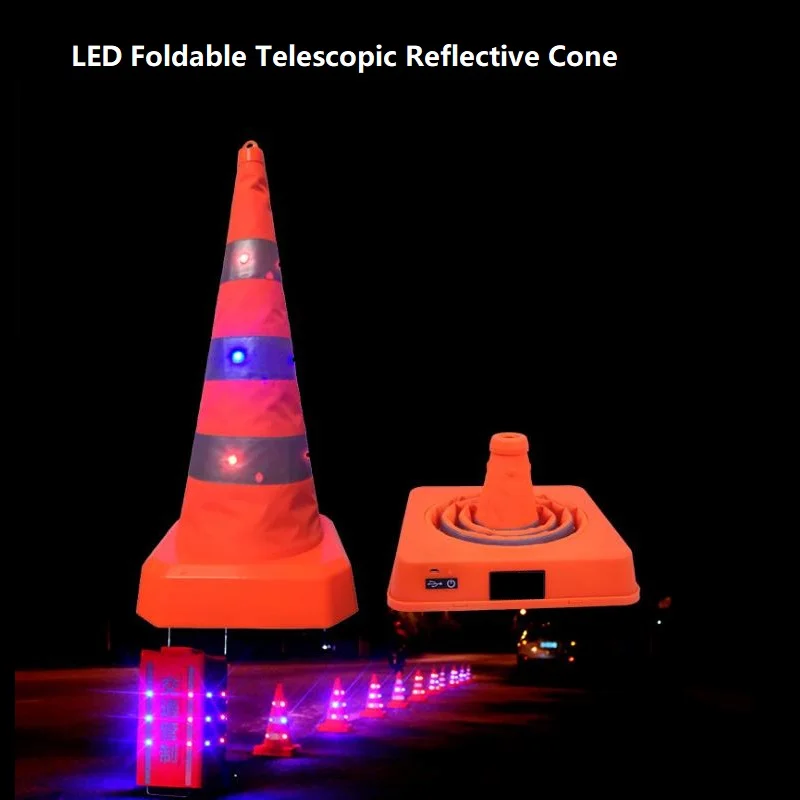 Cones de tráfego reflexivos dobráveis retráteis, Cones de tráfego reflexivos, Double Warning LED Safety, Expansão da barreira rodoviária, Carregamento USB, 41cm de altura