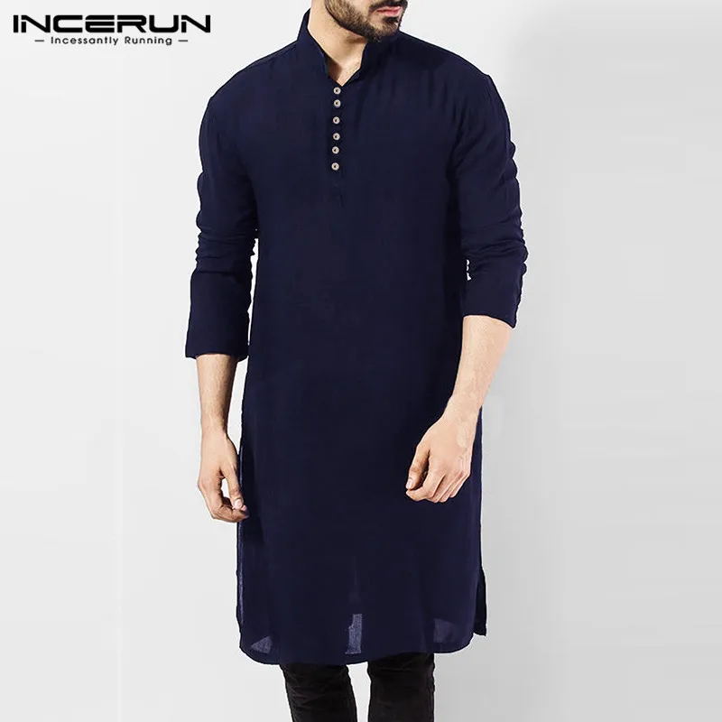 INCERUN Vintage Stand Collar Shirts Mens Long Sleeve Buttons Islamic Blouse Casual Solid Color Long Style Muslim Clothing S-5XL