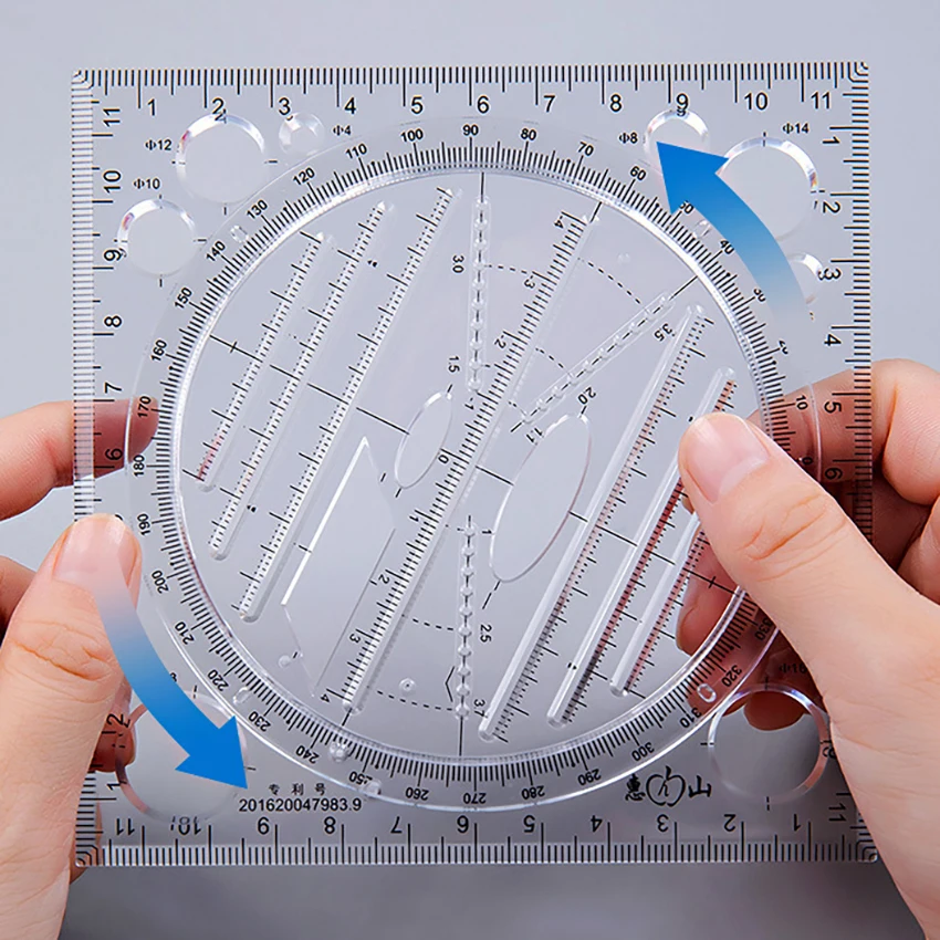 Multifunction Rotatable Drawing Template Art Design Construction Architect Stereo Geometry Circle Drafting Measuring Scale Ruler