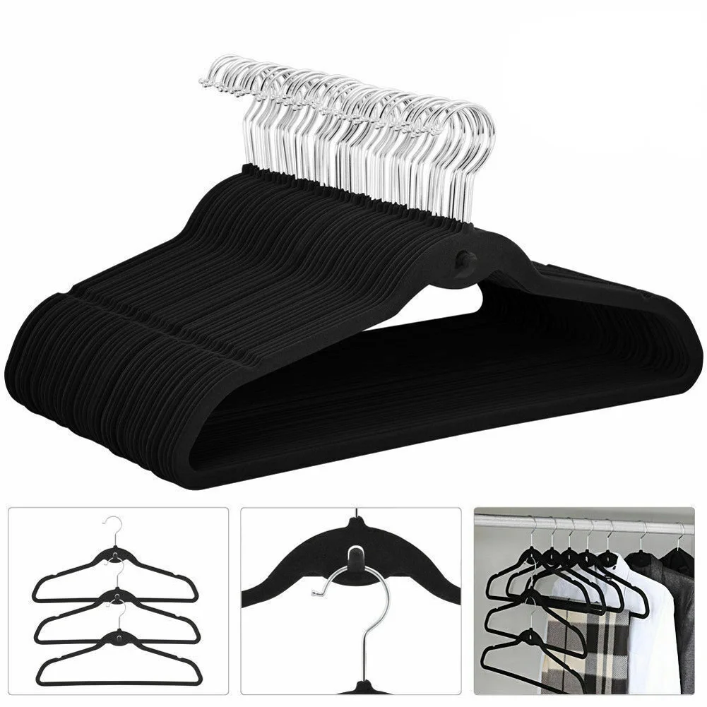 10/20Pcs Foldable Black Velvet Clothes Rack, Non-Slip Flocking Hanger, Balcony Home Accessories, Wardrobe Organizer, Wardrobe